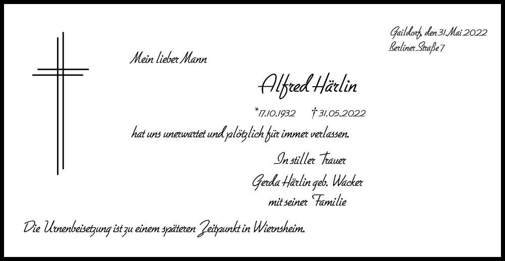  Traueranzeige für Alfred Härlin vom 07.06.2022 aus Rundschau Gaildorf