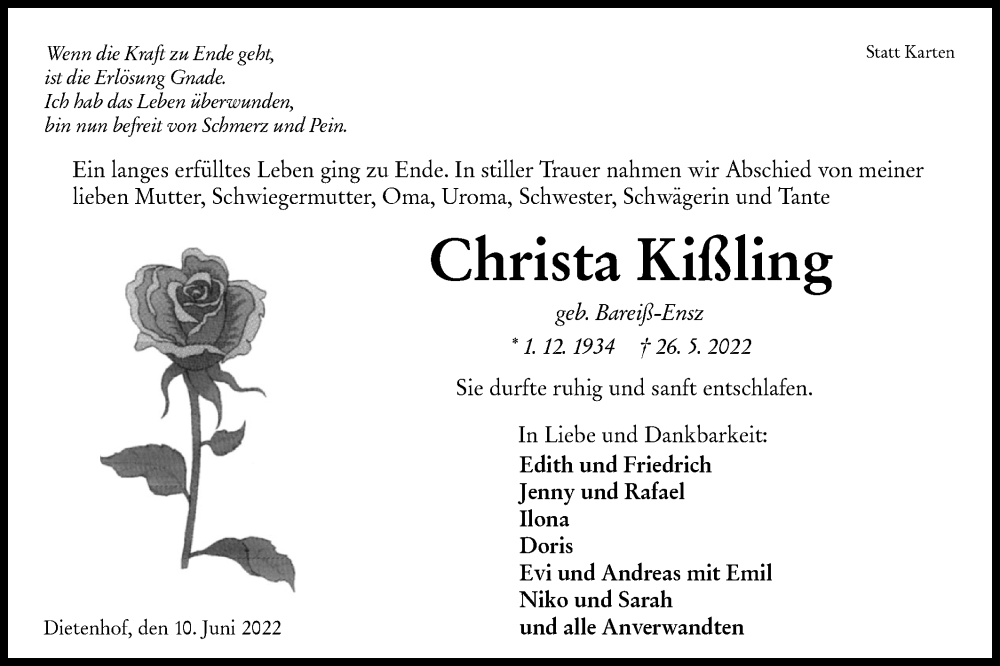  Traueranzeige für Christa Kißling vom 10.06.2022 aus Rundschau Gaildorf