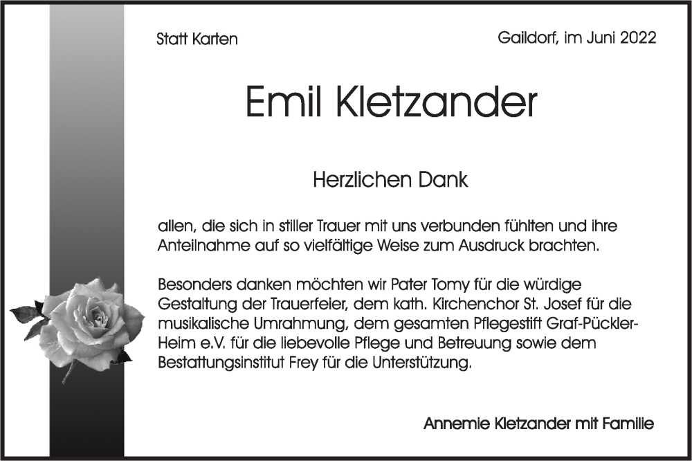  Traueranzeige für Emil Kletzander vom 25.06.2022 aus Rundschau Gaildorf