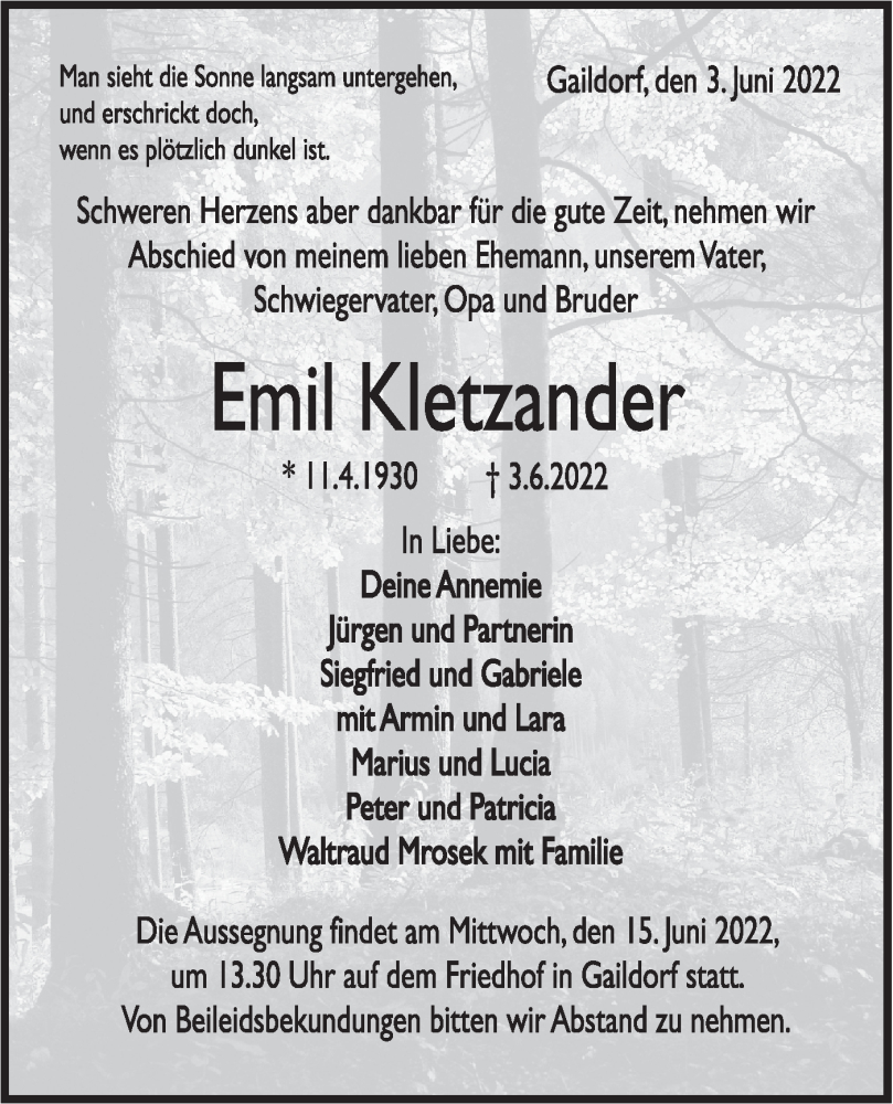  Traueranzeige für Emil Kletzander vom 11.06.2022 aus Rundschau Gaildorf