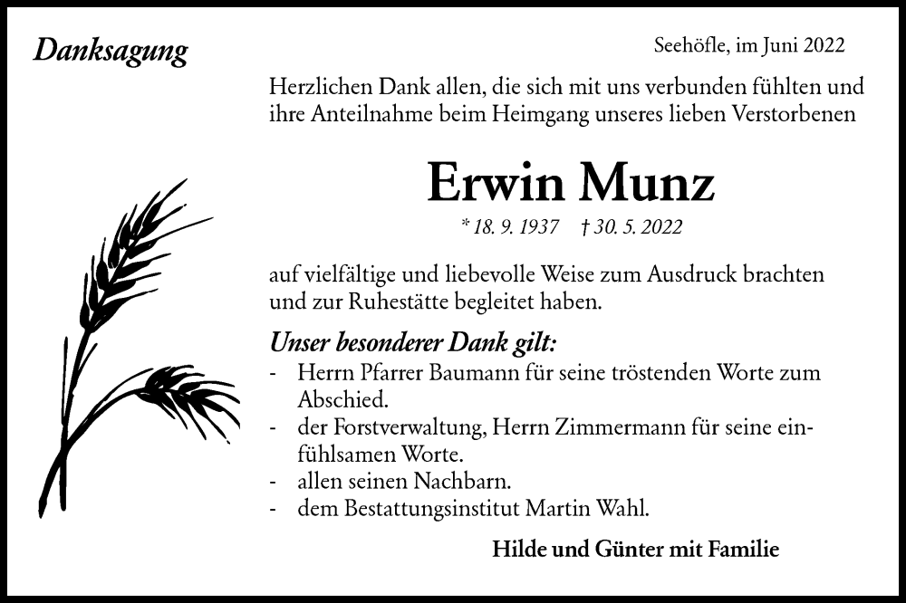  Traueranzeige für Erwin Munz vom 21.06.2022 aus Rundschau Gaildorf