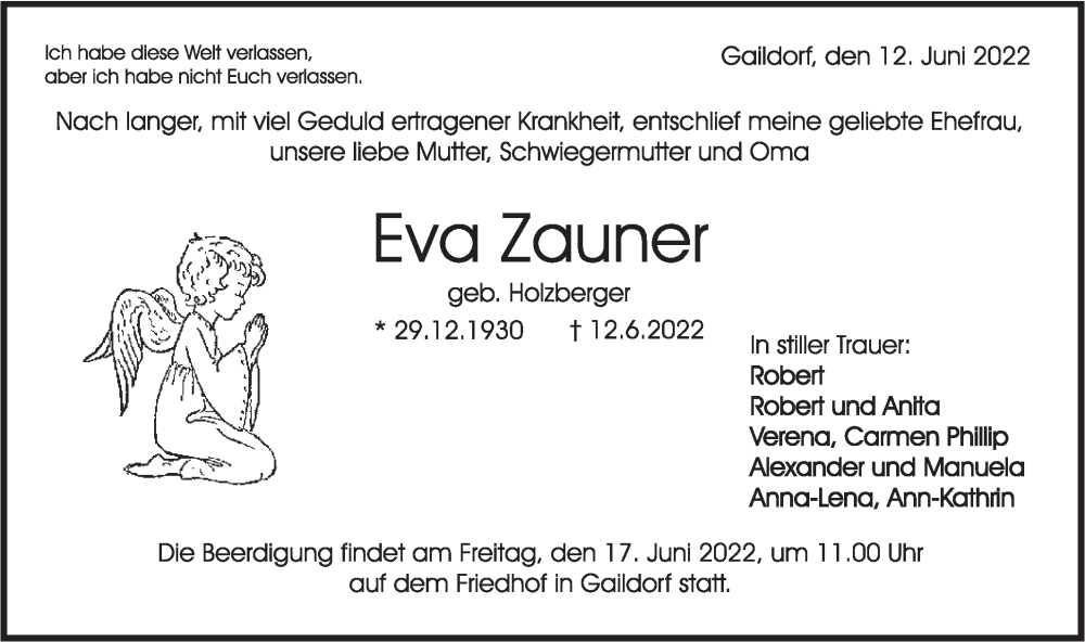  Traueranzeige für Eva Zauner vom 15.06.2022 aus Rundschau Gaildorf