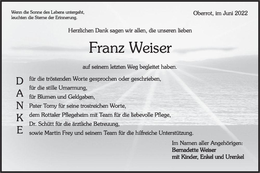  Traueranzeige für Franz Weiser vom 15.06.2022 aus Rundschau Gaildorf