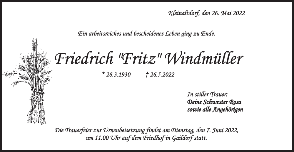  Traueranzeige für Friedrich Windmüller vom 02.06.2022 aus Rundschau Gaildorf