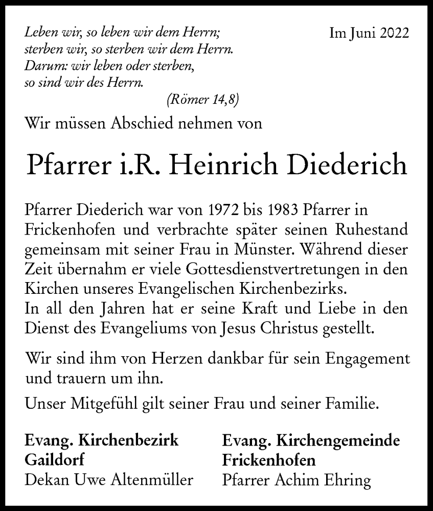  Traueranzeige für Heinrich Diederich vom 11.06.2022 aus Rundschau Gaildorf