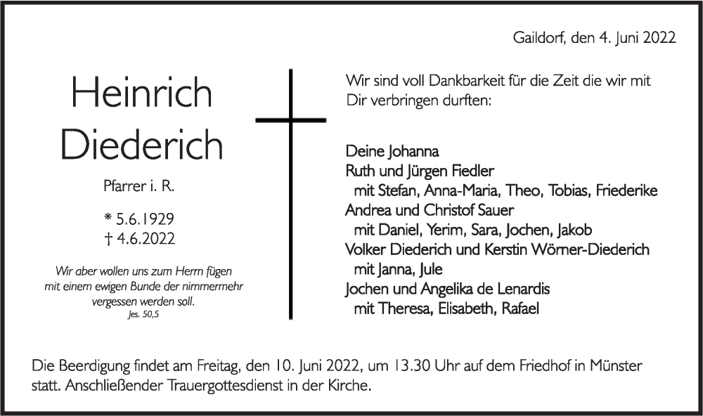  Traueranzeige für Heinrich Diederich vom 08.06.2022 aus Rundschau Gaildorf