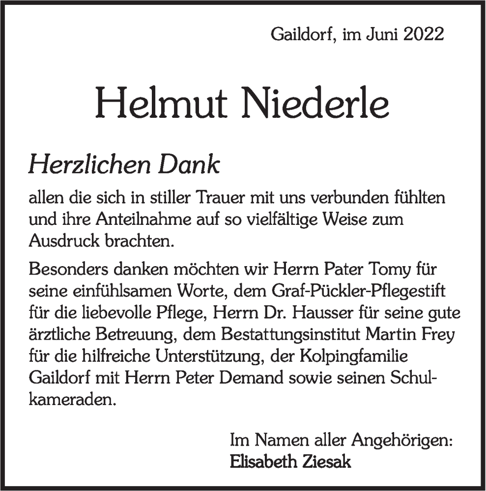  Traueranzeige für Helmut Niederle vom 11.06.2022 aus Rundschau Gaildorf