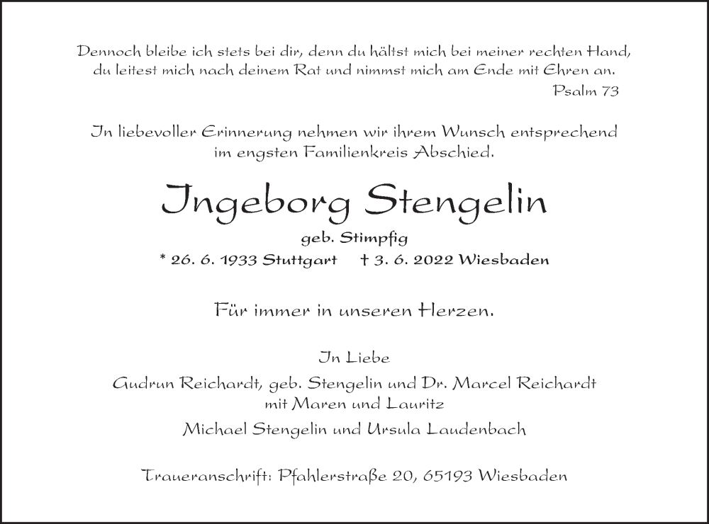  Traueranzeige für Ingeborg Stengelin vom 18.06.2022 aus Haller Tagblatt