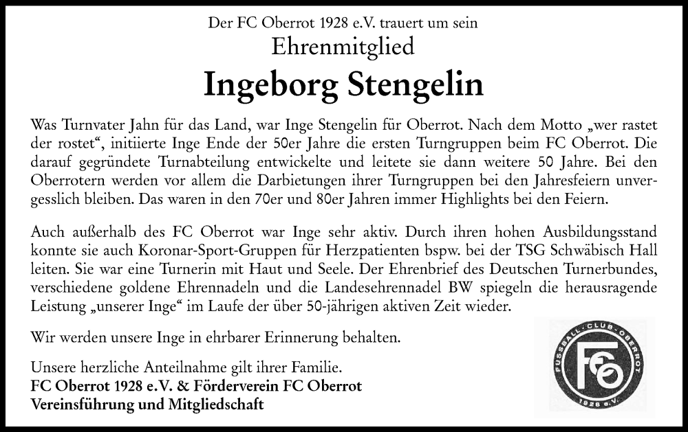  Traueranzeige für Ingeborg Stengelin vom 22.06.2022 aus Rundschau Gaildorf