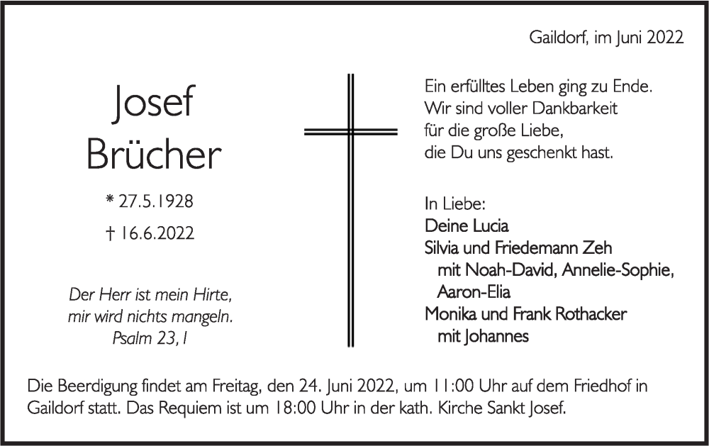  Traueranzeige für Josef Brücher vom 21.06.2022 aus Rundschau Gaildorf