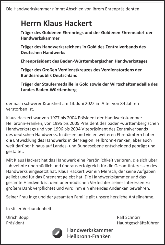  Traueranzeige für Klaus Hackert vom 18.06.2022 aus Rundschau Gaildorf