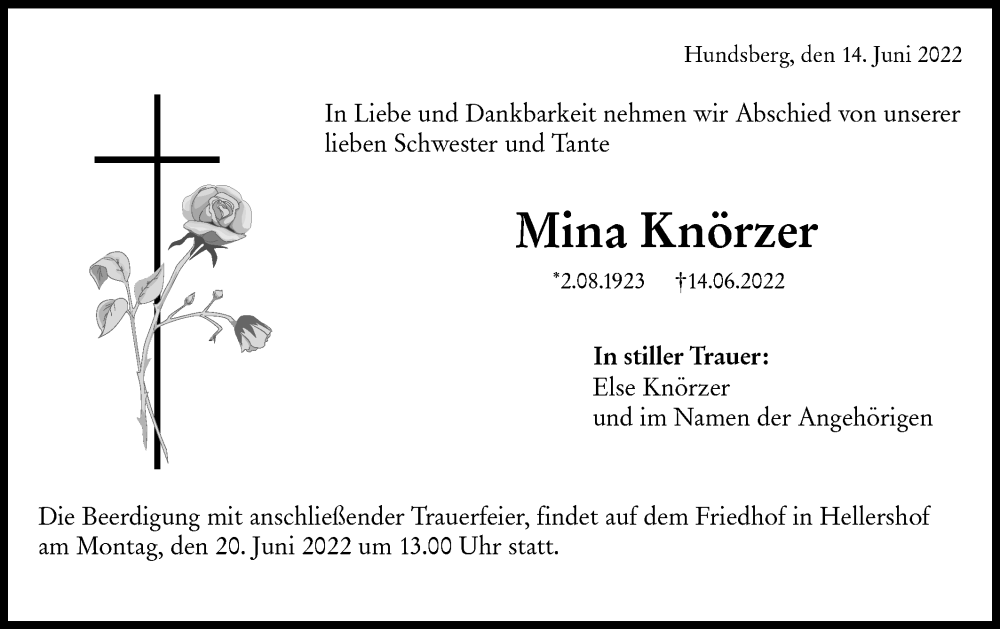  Traueranzeige für Mina Knörzer vom 17.06.2022 aus Rundschau Gaildorf