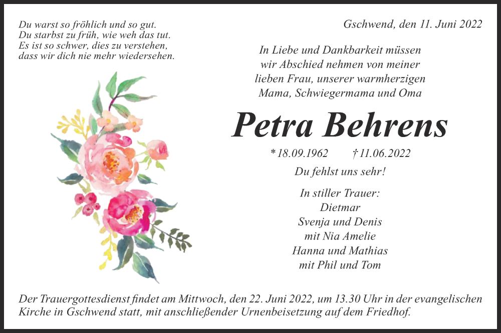  Traueranzeige für Petra Behrens vom 20.06.2022 aus Rundschau Gaildorf