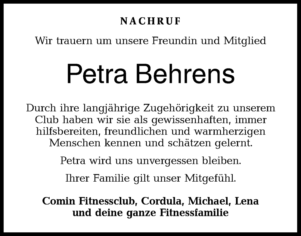  Traueranzeige für Petra Behrens vom 20.06.2022 aus Rundschau Gaildorf