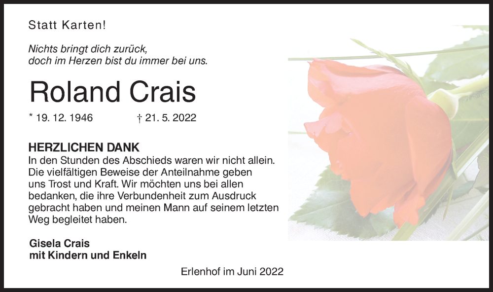  Traueranzeige für Roland Crais vom 11.06.2022 aus Rundschau Gaildorf