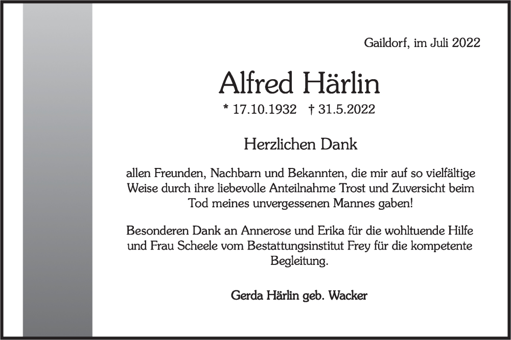  Traueranzeige für Alfred Härlin vom 04.07.2022 aus Rundschau Gaildorf