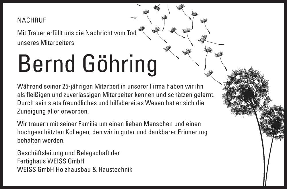  Traueranzeige für Bernd Göhring vom 30.07.2022 aus Rundschau Gaildorf