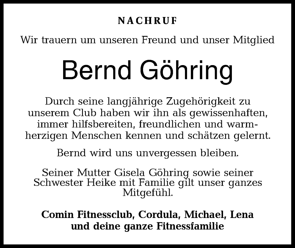  Traueranzeige für Bernd Göhring vom 30.07.2022 aus Rundschau Gaildorf