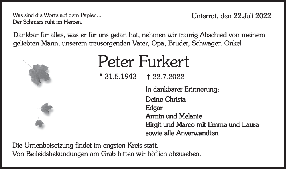  Traueranzeige für Peter Furkert vom 28.07.2022 aus Rundschau Gaildorf