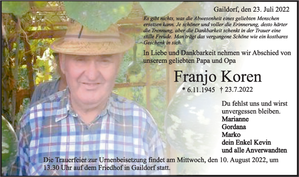  Traueranzeige für Franjo Koren vom 04.08.2022 aus Rundschau Gaildorf