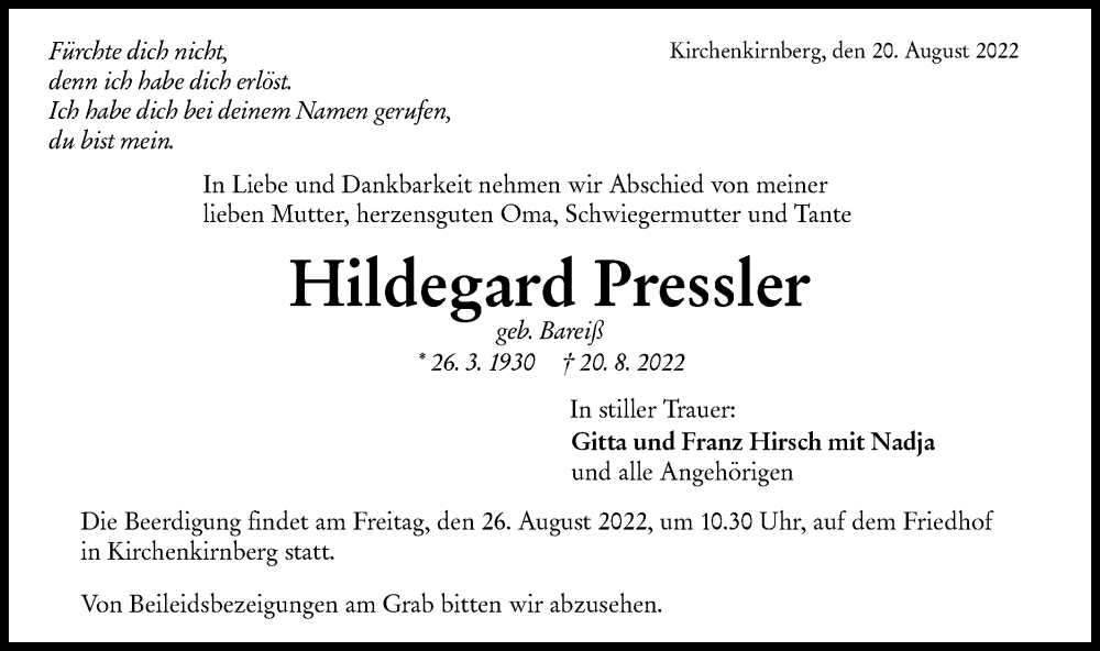  Traueranzeige für Hildegard Pressler vom 24.08.2022 aus Rundschau Gaildorf