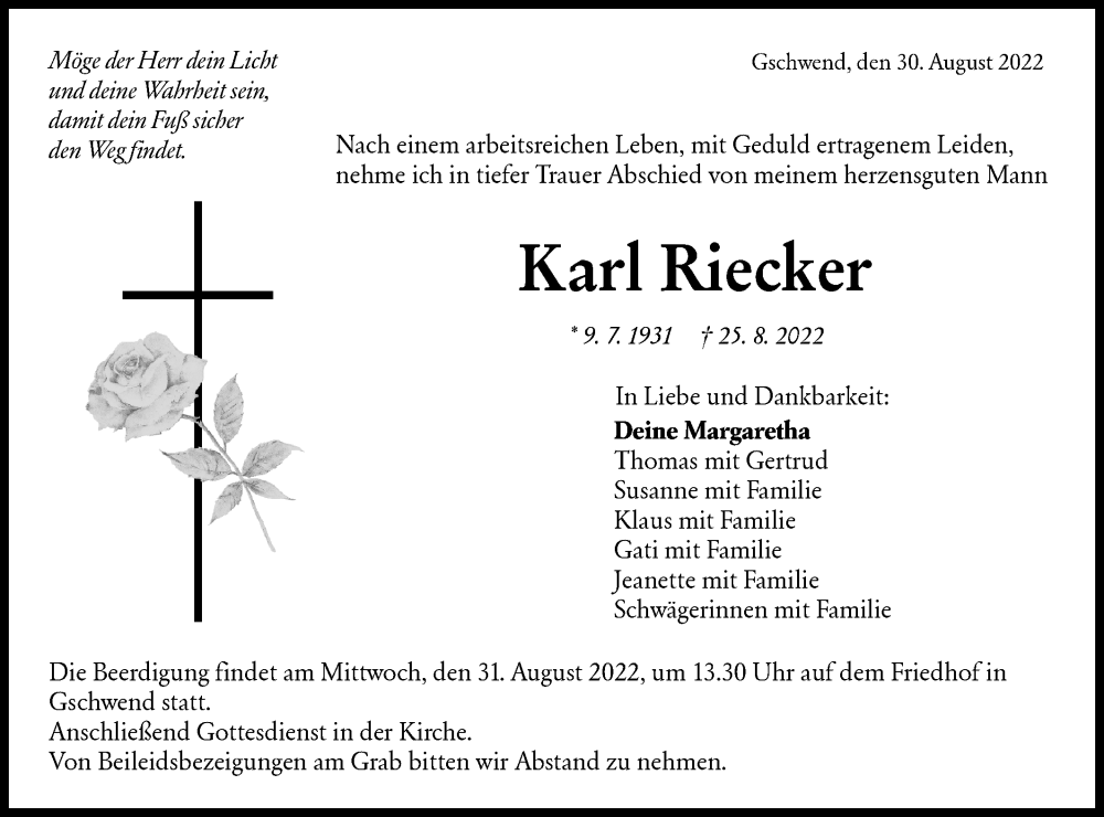  Traueranzeige für Karl Riecker vom 30.08.2022 aus Rundschau Gaildorf