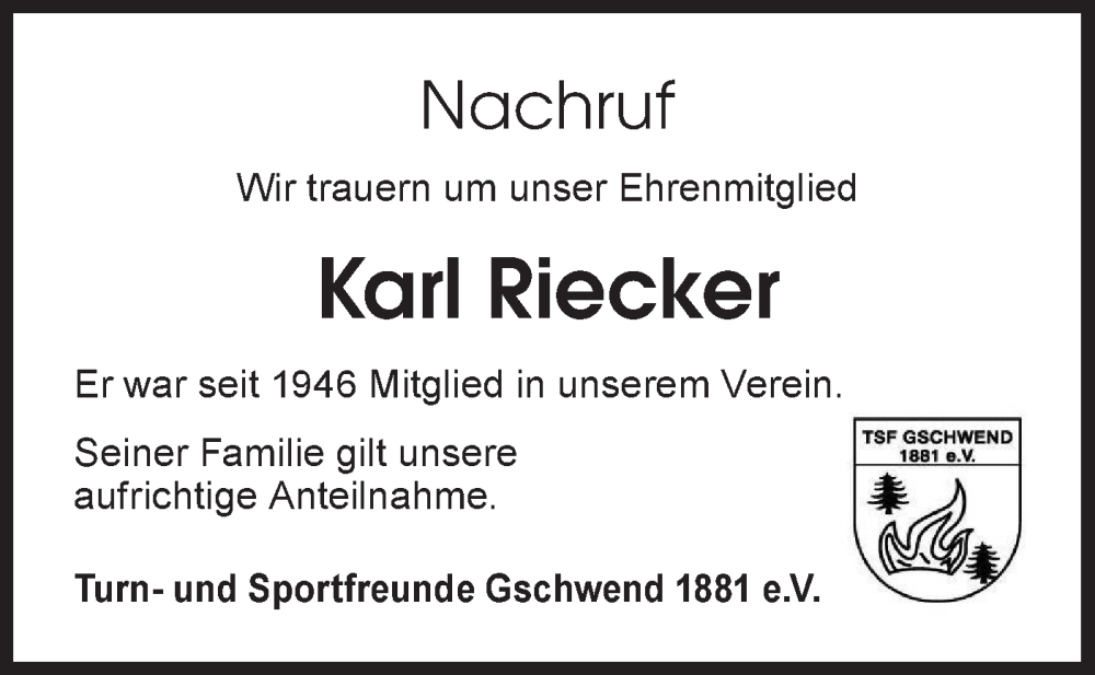  Traueranzeige für Karl Riecker vom 31.08.2022 aus Rundschau Gaildorf