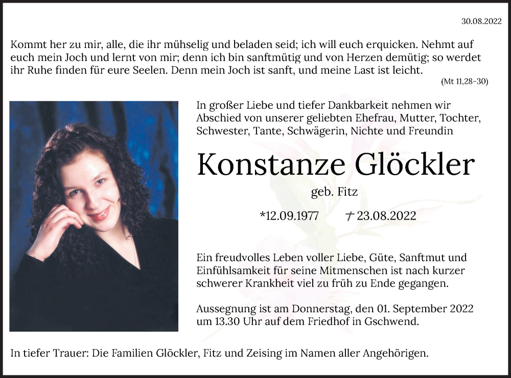  Traueranzeige für Konstanze Glöckler vom 30.08.2022 aus Rundschau Gaildorf