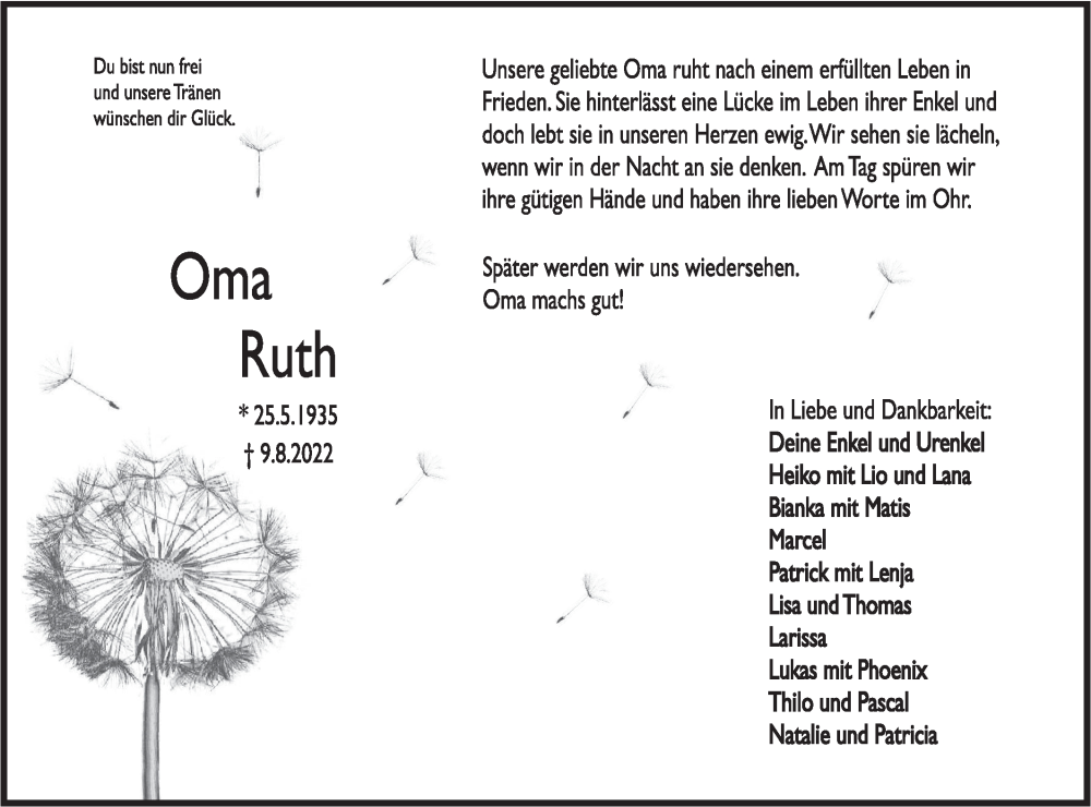  Traueranzeige für Ruth Emma Fritz vom 13.08.2022 aus Rundschau Gaildorf