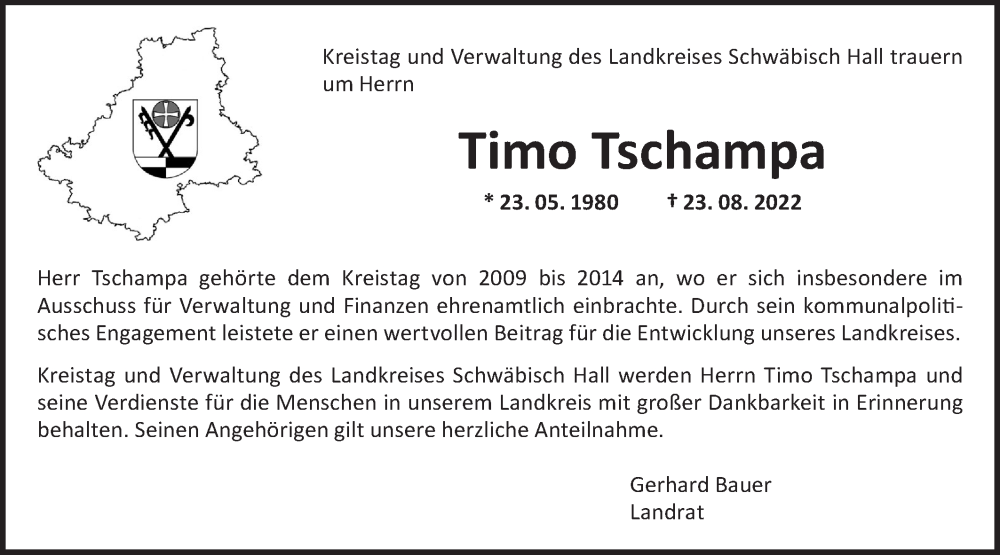  Traueranzeige für Timo Tschampa vom 30.08.2022 aus Rundschau Gaildorf
