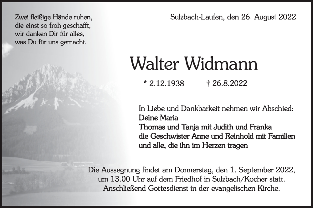  Traueranzeige für Walter Widmann vom 30.08.2022 aus Rundschau Gaildorf