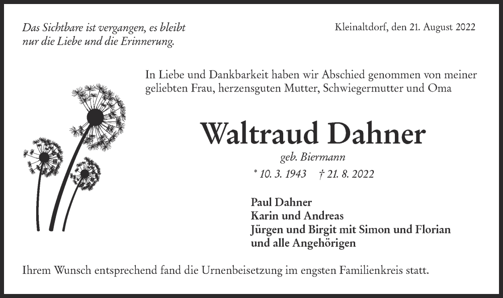  Traueranzeige für Waltraud Dahner vom 31.08.2022 aus Rundschau Gaildorf