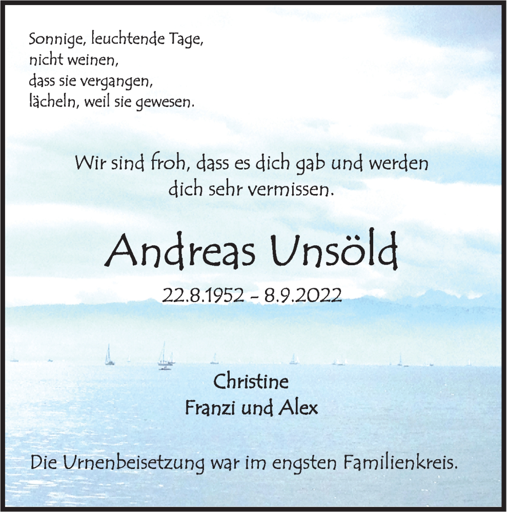  Traueranzeige für Andreas Unsöld vom 16.09.2022 aus Rundschau Gaildorf