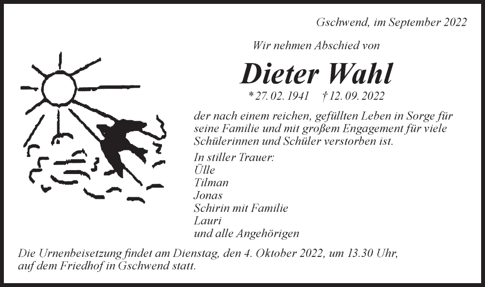  Traueranzeige für Dieter Wahl vom 29.09.2022 aus Rundschau Gaildorf