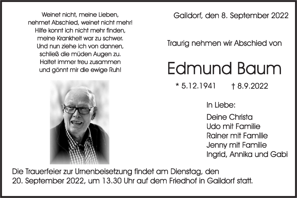  Traueranzeige für Edmund Baum vom 15.09.2022 aus Rundschau Gaildorf