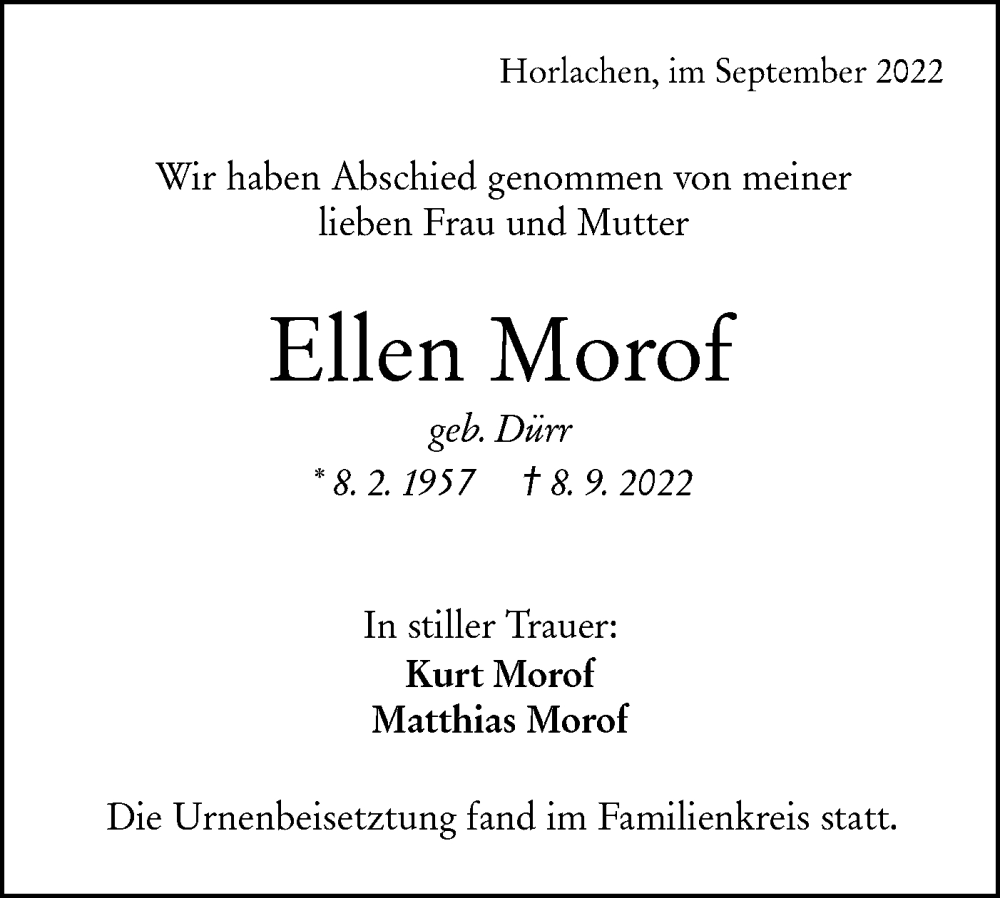  Traueranzeige für Ellen Morof vom 29.09.2022 aus Rundschau Gaildorf