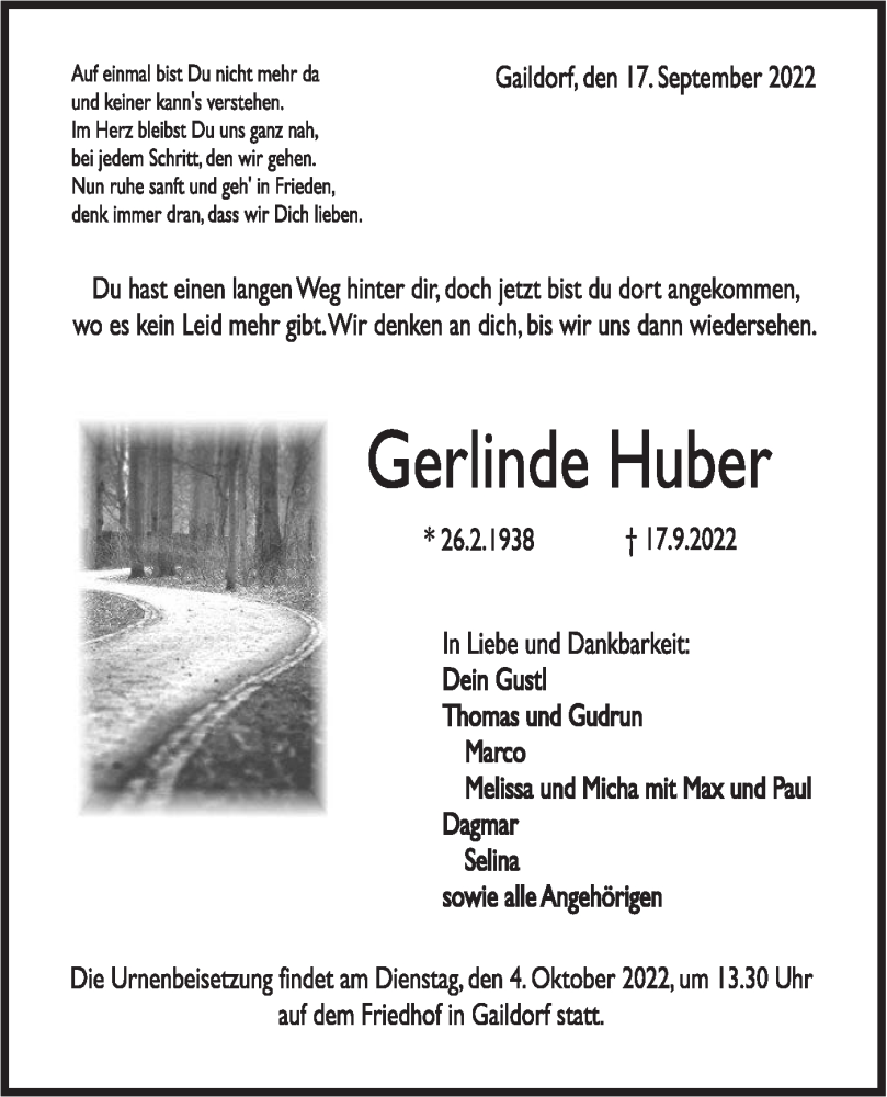  Traueranzeige für Gerlinde Huber vom 30.09.2022 aus Rundschau Gaildorf