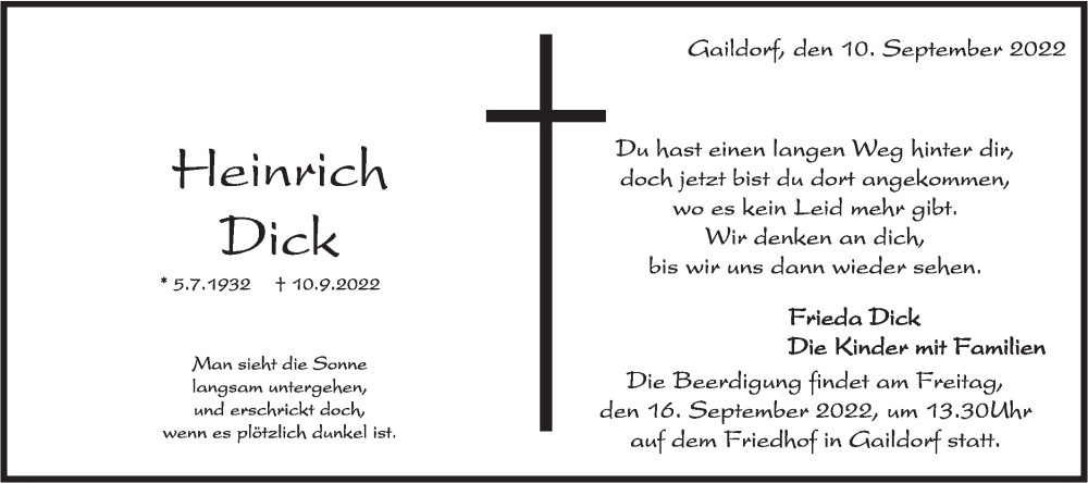  Traueranzeige für Heinrich Dick vom 13.09.2022 aus Rundschau Gaildorf