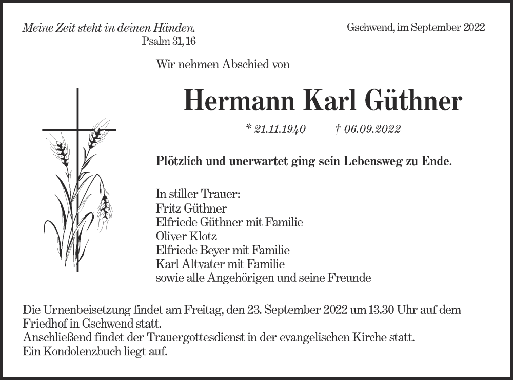  Traueranzeige für Hermann Karl Güthner vom 20.09.2022 aus Rundschau Gaildorf