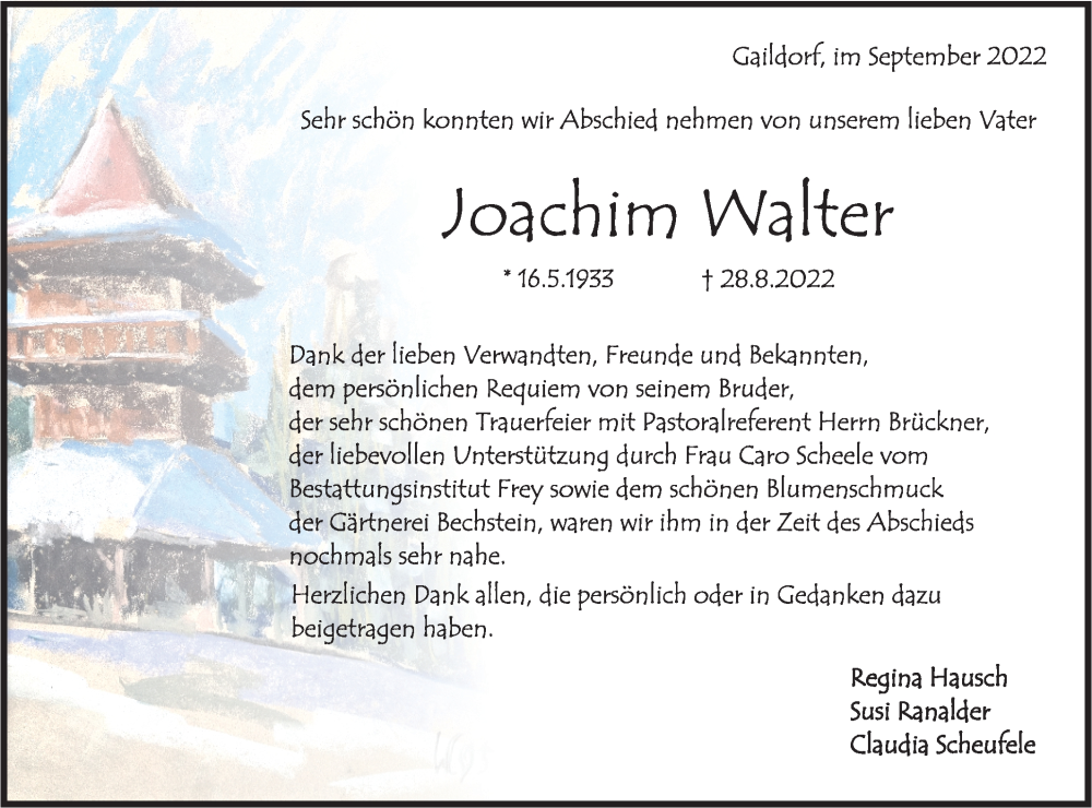  Traueranzeige für Joachim Walter vom 24.09.2022 aus Rundschau Gaildorf