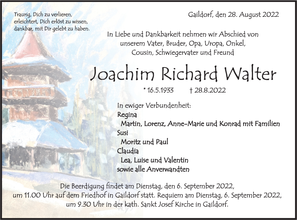  Traueranzeige für Joachim Richard Walter vom 03.09.2022 aus Rundschau Gaildorf