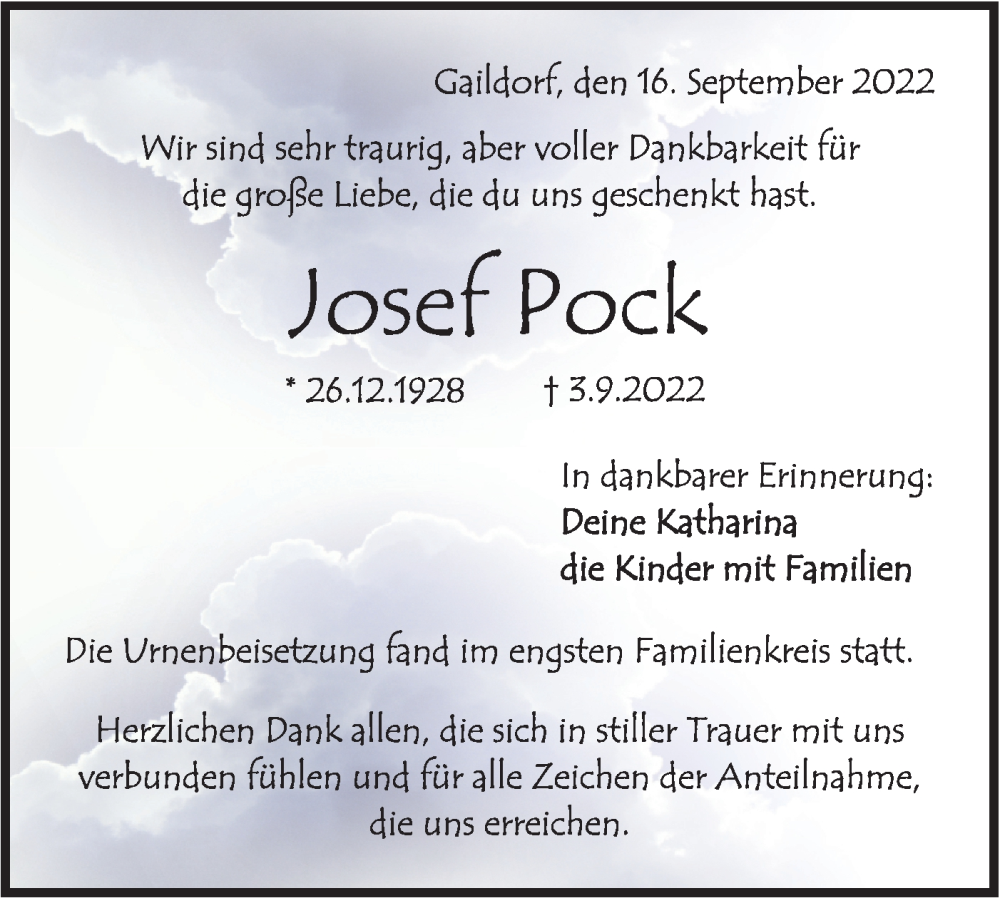  Traueranzeige für Josef Pock vom 17.09.2022 aus Rundschau Gaildorf
