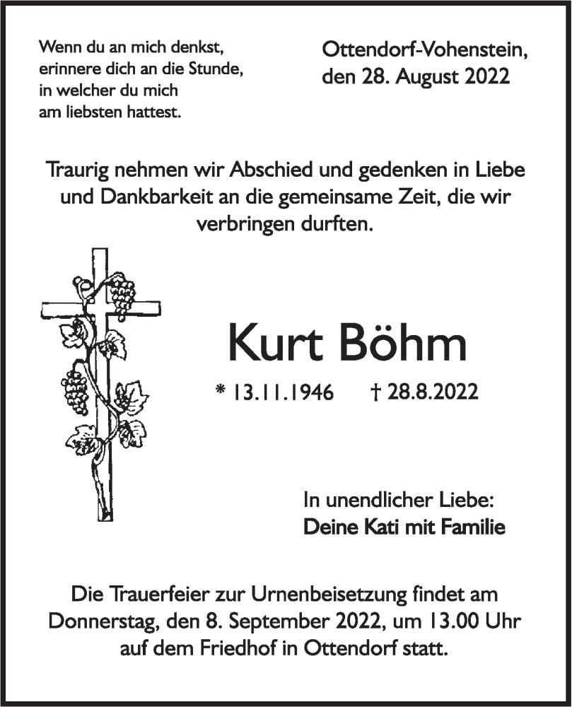  Traueranzeige für Kurt Böhm vom 03.09.2022 aus Rundschau Gaildorf