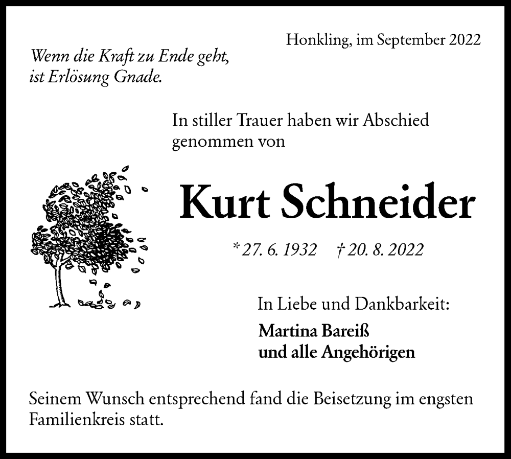  Traueranzeige für Kurt Schneider vom 03.09.2022 aus Rundschau Gaildorf
