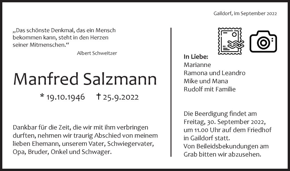  Traueranzeige für Manfred Salzmann vom 28.09.2022 aus Rundschau Gaildorf