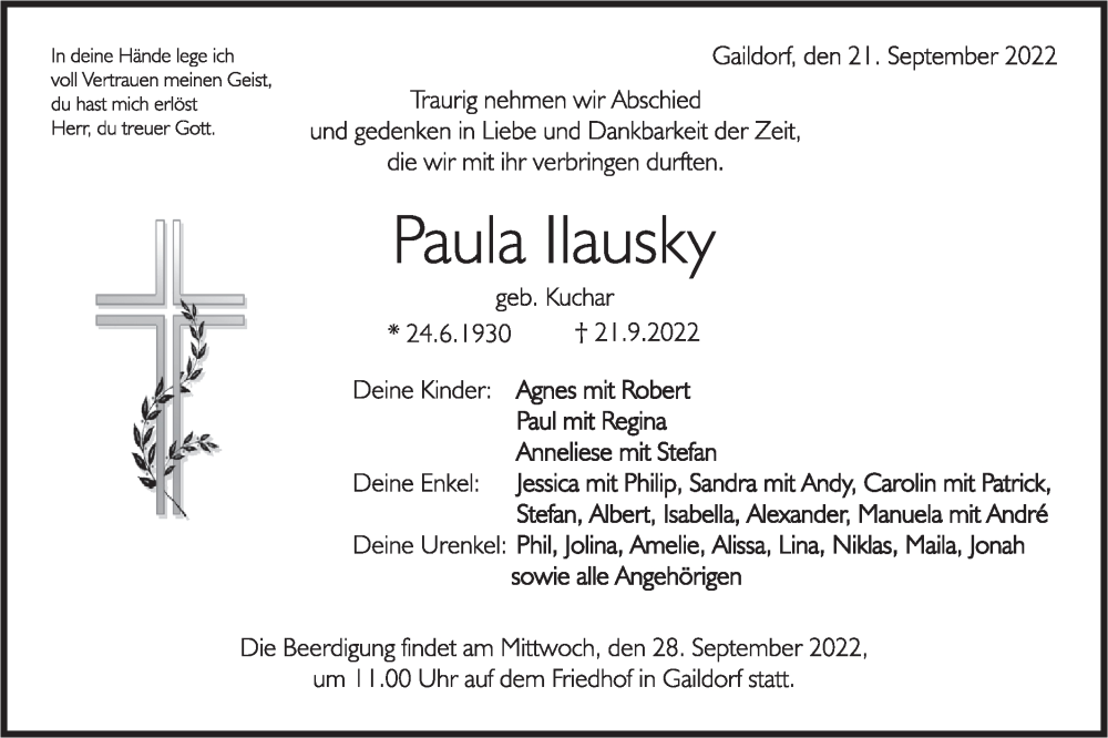  Traueranzeige für Paula Ilausky vom 24.09.2022 aus Rundschau Gaildorf