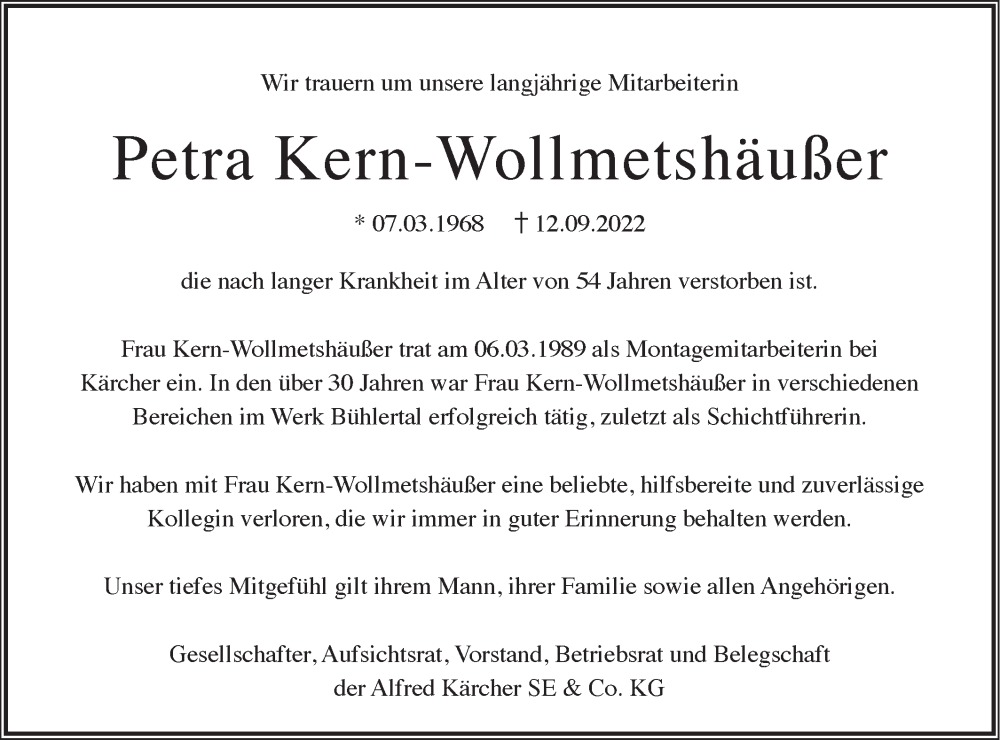 Traueranzeige für Petra Kern-Wollmetshäußer vom 20.09.2022 aus Haller Tagblatt/Rundschau Gaildorf