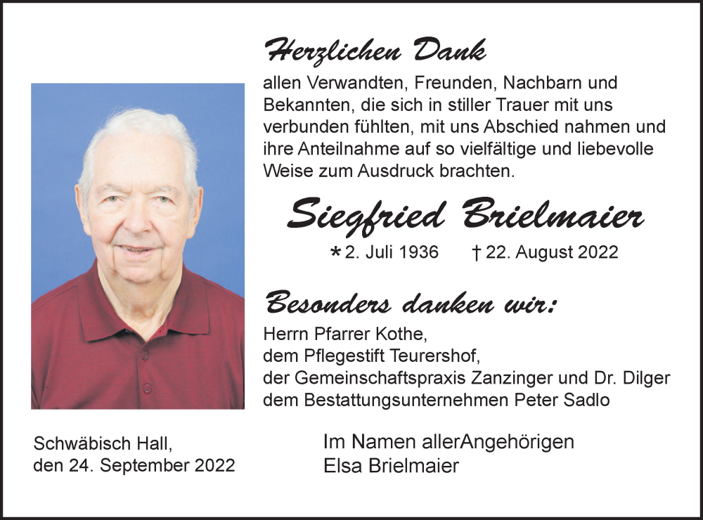  Traueranzeige für Siegfried Brielmaier vom 24.09.2022 aus Haller Tagblatt
