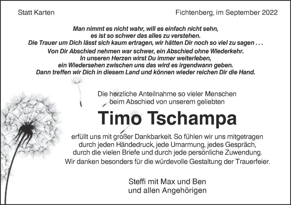  Traueranzeige für Timo Tschampa vom 24.09.2022 aus Rundschau Gaildorf