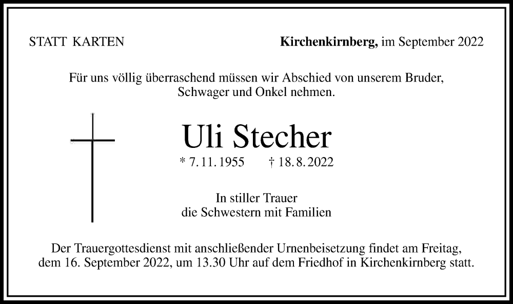  Traueranzeige für Uli Stecher vom 10.09.2022 aus Rundschau Gaildorf